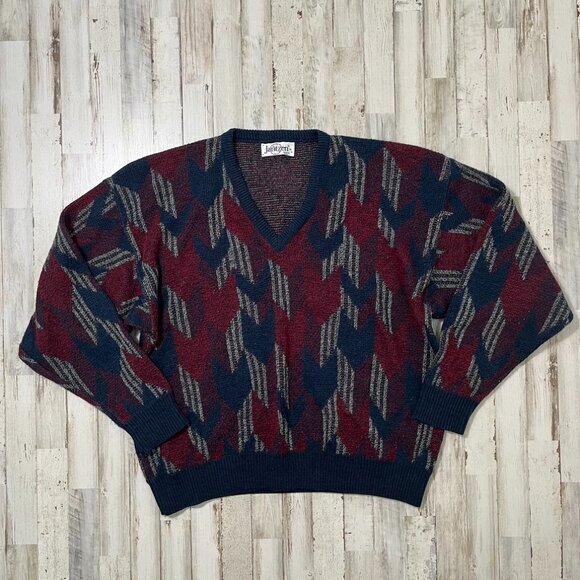 Vintage 90s Jantzen Cottage Aztec Geometric Knit V Neck Sweater Pullover Mens XL - Picture 1 of 6